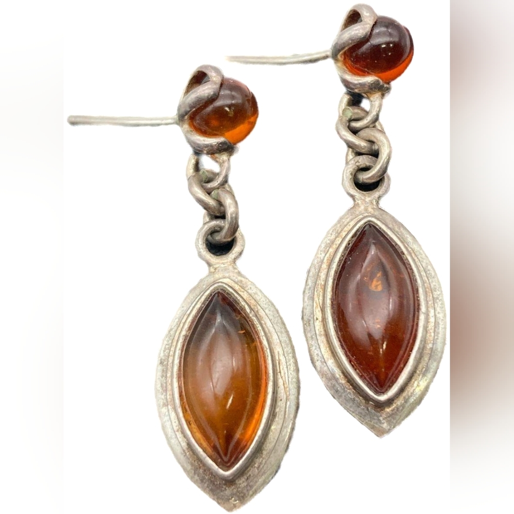 925 Silver Vintage Amber Pierce Drop Dangle Earings - EUC